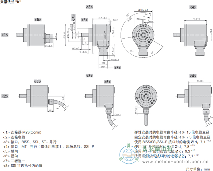 AC58-DeviceNet光電絕對值通用編碼器外形及安裝尺寸(夾緊法蘭K) - 西安德伍拓自動化傳動系統有限公司