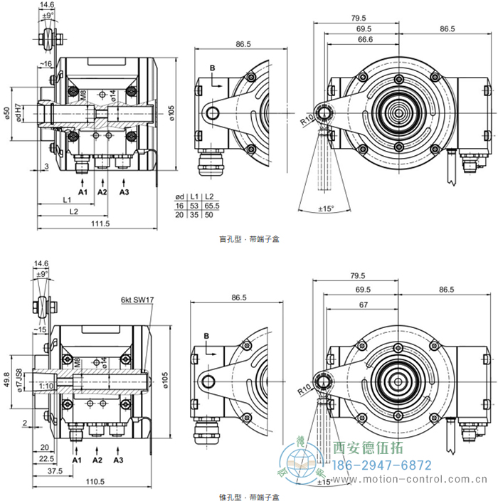 HMG10-B - EtherNet/IP絕對值重載編碼器外形及安裝尺寸(盲孔型或錐孔型) - 西安德伍拓自動化傳動系統有限公司