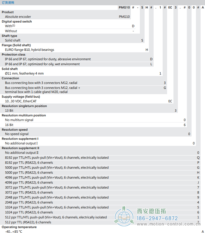 PMG10 - EtherCAT絕對值重載編碼器訂貨選型參考(?11 mm實心軸，帶歐式法蘭B10或外殼支腳 (B3)) - 西安德伍拓自動化傳動系統有限公司