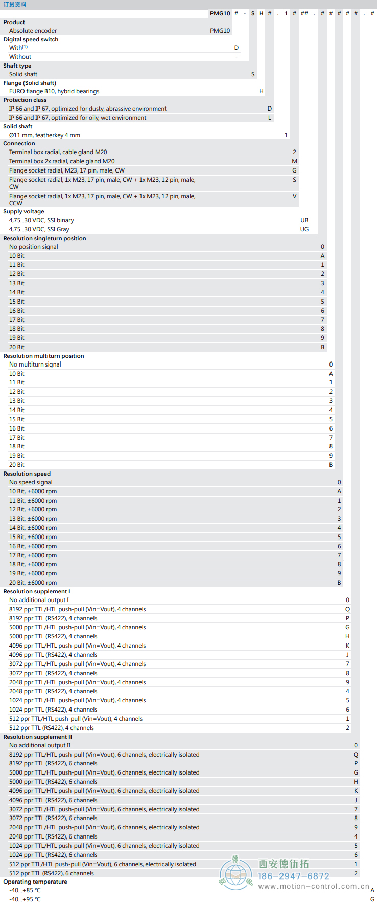 PMG10 - SSI絕對值重載編碼器訂貨選型參考(?11 mm實心軸，帶歐式法蘭B10或外殼支腳 (B3)) - 西安德伍拓自動化傳動系統有限公司