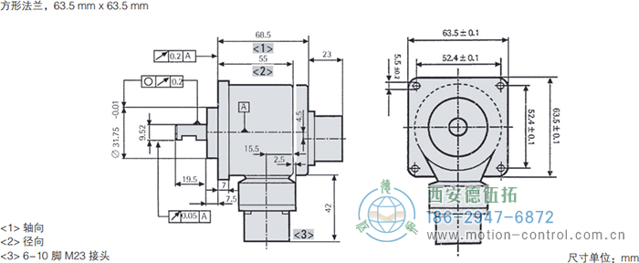 RI58-O/RI58-T實心軸光電增量通用編碼器外形及安裝尺寸(方形法蘭，63.5mm×63.5mm) - 西安德伍拓自動化傳動系統(tǒng)有限公司